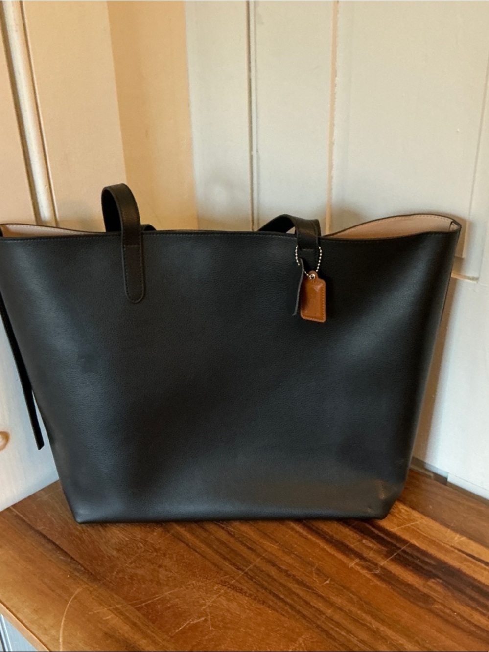 Black Leather Tote Bag with Tan Tag - Women Bags Totes